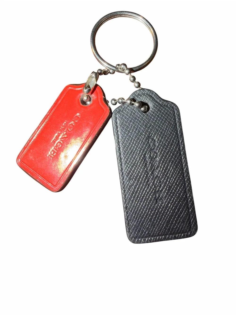 Coach Dual Leather Hangtag Keychain- Red patent and Black crossgrain.